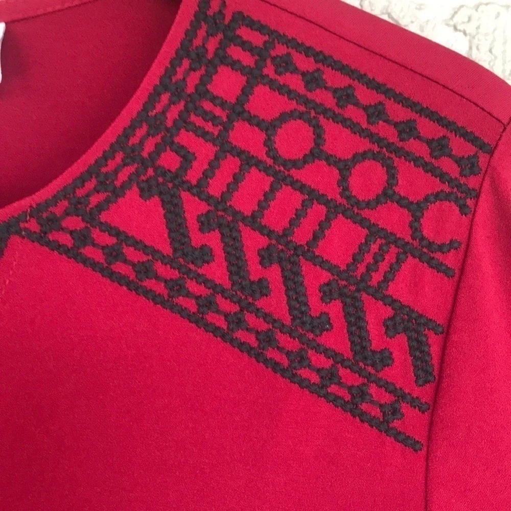 Susan Graver Red Embroidered V-Neck 3/4 Sleeve Stretch Top - Picture 3 of 8